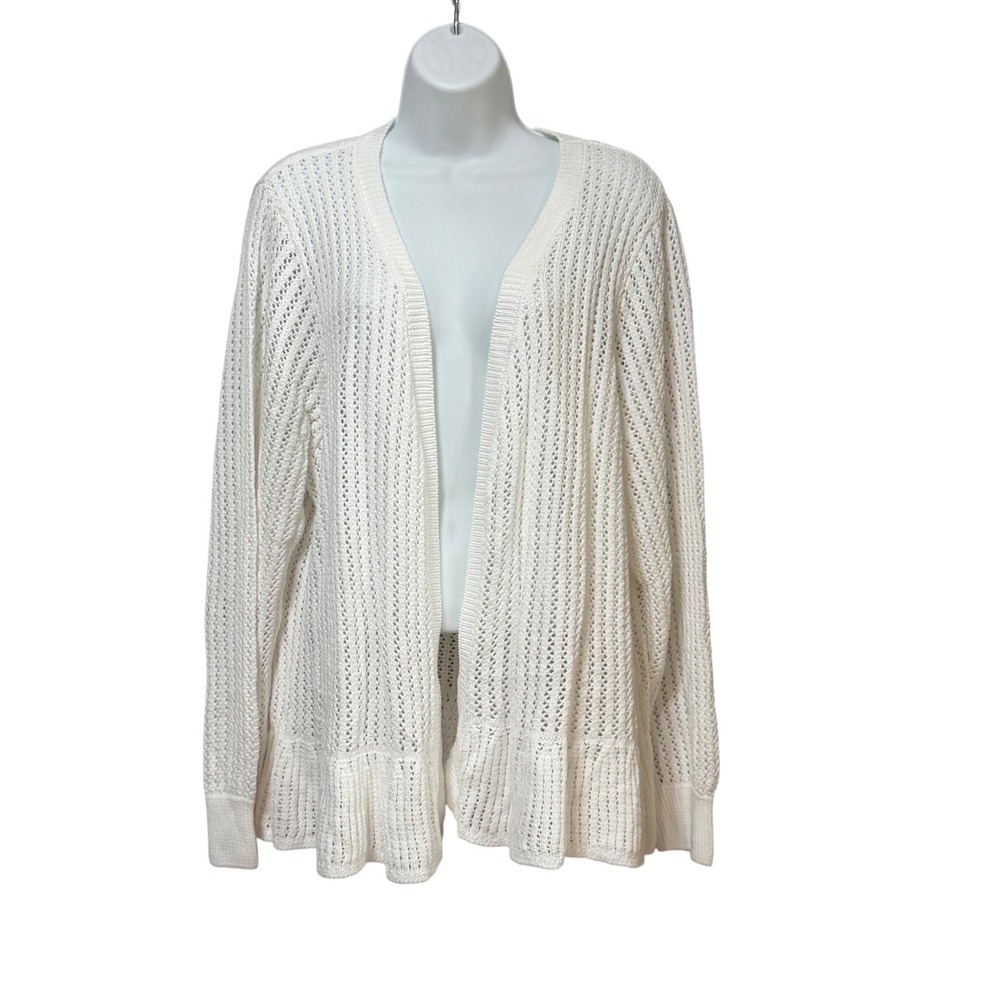 Lety & Me Womens 3X White Pointelle Knit Open Front Ruffle Hem Cardigan W2612SX